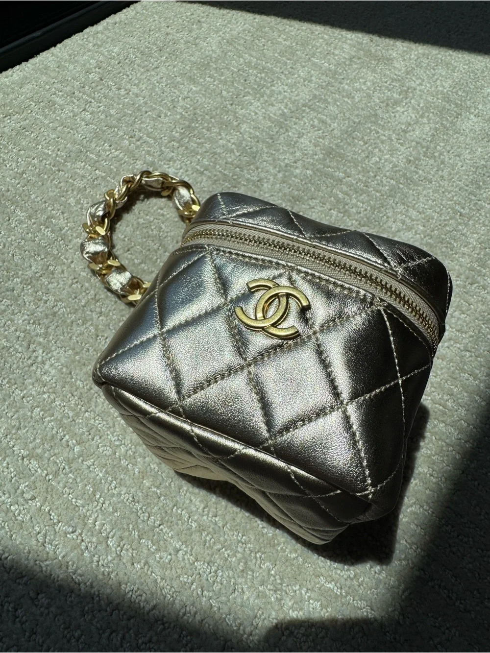 CHANEL Metallic Gold Quilted Mini Cube Vanity Bag with CC Logo, 22C collection